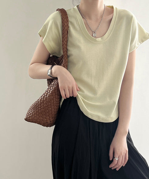 Uネックカットソー 韓国風 半袖Tシャツ レディース シンプルT サマーTシャツ オフィスカジュアル リラックス ワイドスリーブトップス夏 大人通勤tシャツ 無地 AMYS-1069