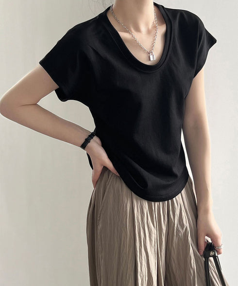 Uネックカットソー 韓国風 半袖Tシャツ レディース シンプルT サマーTシャツ オフィスカジュアル リラックス ワイドスリーブトップス夏 大人通勤tシャツ 無地 AMYS-1069