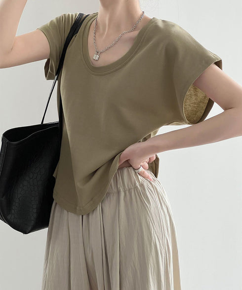 Uネックカットソー 韓国風 半袖Tシャツ レディース シンプルT サマーTシャツ オフィスカジュアル リラックス ワイドスリーブトップス夏 大人通勤tシャツ 無地 AMYS-1069