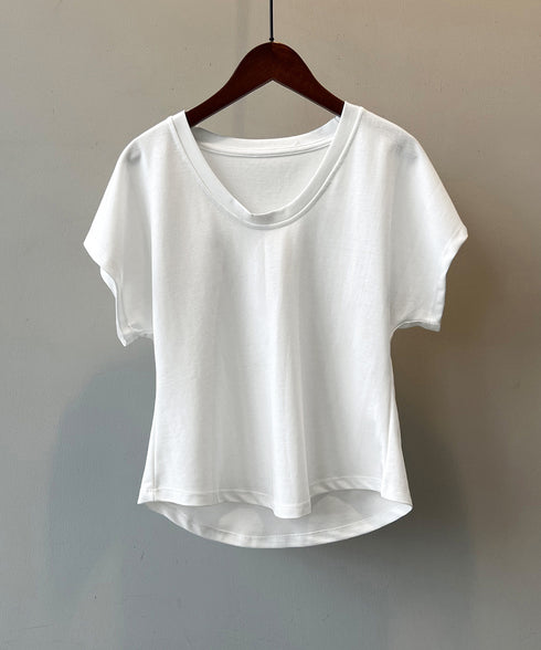 Uネックカットソー 韓国風 半袖Tシャツ レディース シンプルT サマーTシャツ オフィスカジュアル リラックス ワイドスリーブトップス夏 大人通勤tシャツ 無地 AMYS-1069