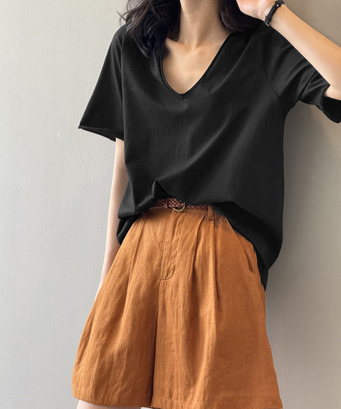 vネックtシャツ レディース 綿100% 抜け感 半袖カットソー ゆったり 着やせトップス春夏 涼しい 無地tシャツ シンプル 大人カジュアルトップス ベーシック AMYS-1070