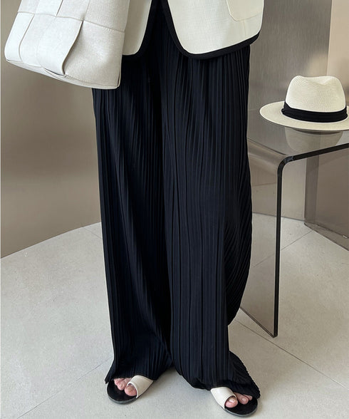 プリーツパンツ レディース ワイドパンツ 韓国風 リラックスパンツ ウエストゴム ボトムス 大人カジュアル ストレートパンツ 体型カバー イージーパンツ 着やせ AMYX-86068