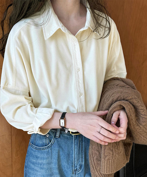 コーデュロイシャツレディース 長袖シャツ シャツブラウス ラウンドテール カジュアルシャツ 重ね着お洒落 ゆったりトップス 韓国風 襟付きロングシャツ 体型カバー AMYX-86087