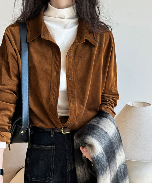 コーデュロイシャツレディース 長袖シャツ シャツブラウス ラウンドテール カジュアルシャツ 重ね着お洒落 ゆったりトップス 韓国風 襟付きロングシャツ 体型カバー AMYX-86087