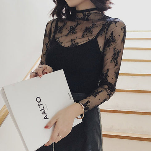 レース チュール トップス レディース レース チュール トップス レディース ハイネック レースインナー シースルー 長袖 トップス HUALEI-001