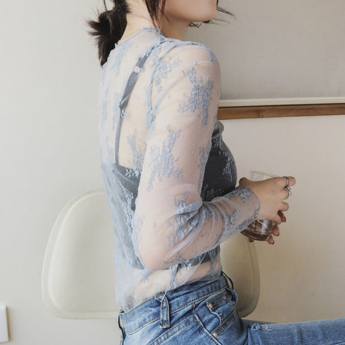 レース チュール トップス レディース レース チュール トップス レディース ハイネック レースインナー シースルー 長袖 トップス HUALEI-001