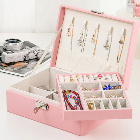 ジュエリー収納ボックス 小物入れ 贈り物 大容量 携帯 韓国 アクセサリーケース 2層 鍵付き PUレザー 収納box 指輪 ピアス イヤリング 首飾り収納ケース QINGYU-001