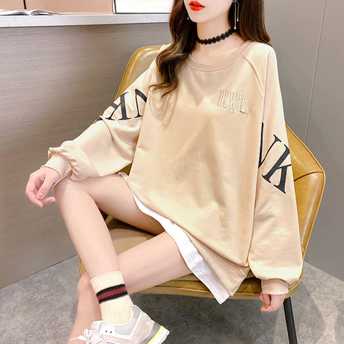 チュニックロンT 長袖 レディース韓国風 レイヤード風トップス おしゃれ ゆったりトレーナー 体型カバー 春秋服ストリート 重ね着風 スウェットカットソー ロゴT TIANCH-003