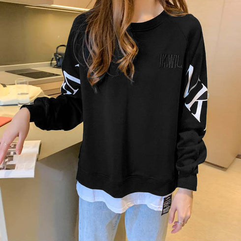 チュニックロンT 長袖 レディース韓国風 レイヤード風トップス おしゃれ ゆったりトレーナー 体型カバー 春秋服ストリート 重ね着風 スウェットカットソー ロゴT TIANCH-003