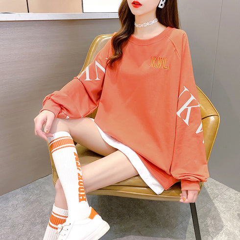 チュニックロンT 長袖 レディース韓国風 レイヤード風トップス おしゃれ ゆったりトレーナー 体型カバー 春秋服ストリート 重ね着風 スウェットカットソー ロゴT TIANCH-003