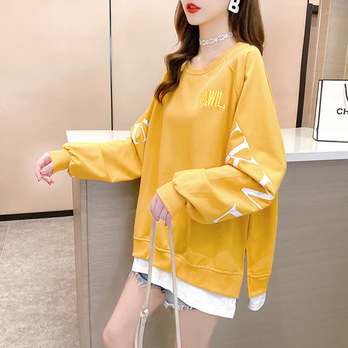 チュニックロンT 長袖 レディース韓国風 レイヤード風トップス おしゃれ ゆったりトレーナー 体型カバー 春秋服ストリート 重ね着風 スウェットカットソー ロゴT TIANCH-003