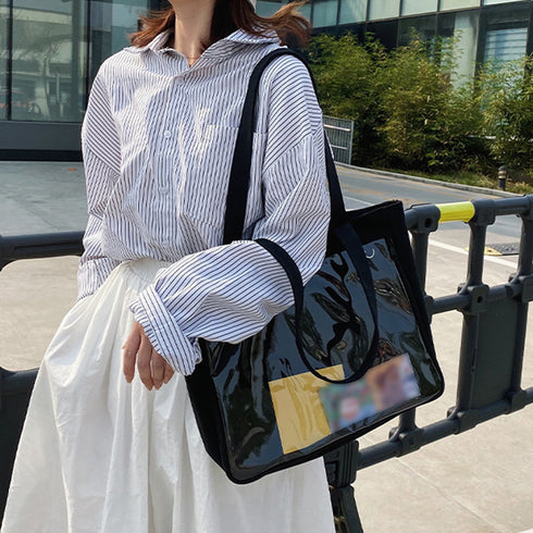 キャンバスバッグ クリアポケット 大容量 レディース 可愛い 横型トートバッグ 通勤通学 カジュアル 肩掛けカバン A4 おしゃれスクールバッグ韓国風 見せバッグ TZM-289