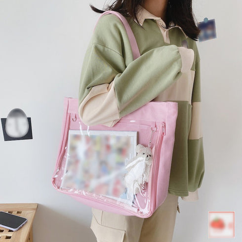 キャンバスバッグ クリアポケット 大容量 レディース 可愛い 横型トートバッグ 通勤通学 カジュアル 肩掛けカバン A4 おしゃれスクールバッグ韓国風 見せバッグ TZM-289