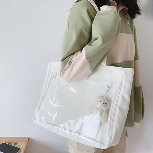 キャンバスバッグ クリアポケット 大容量 レディース 可愛い 横型トートバッグ 通勤通学 カジュアル 肩掛けカバン A4 おしゃれスクールバッグ韓国風 見せバッグ TZM-289