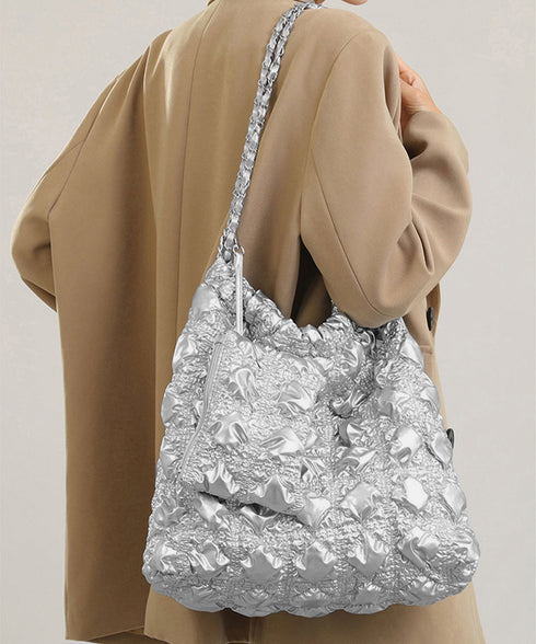 キルトチェーンバッグポーチ付トートバッグ レディース 大容量キルティングバッグ ミニポーチ付きbag カジュアルきれいめ 肩掛けバッグ 上品通学通勤かばん 韓国風 TZM-309
