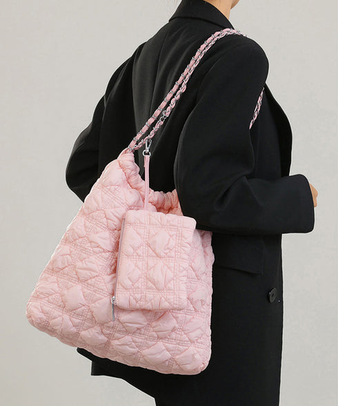 キルトチェーンバッグポーチ付トートバッグ レディース 大容量キルティングバッグ ミニポーチ付きbag カジュアルきれいめ 肩掛けバッグ 上品通学通勤かばん 韓国風 TZM-309