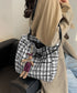 チェック柄トートバッグ ツイード風鞄軽量 肩掛けカバン チェーンショルダー 通勤通学バッグ レディース オフィスカジュアル ぬいぐるみチャーム付き鞄 ハンドバッグ TZM-330