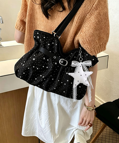 星柄ショルダーバッグチャーム付きトート鞄 可愛いスター柄バッグ レースリボンチャーム付き肩掛けバッグ ホーボーバッグ軽量大容量ギャザーバッグ通勤通学 ハンドバッグ TZM-343
