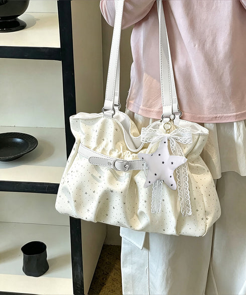 星柄ショルダーバッグチャーム付きトート鞄 可愛いスター柄バッグ レースリボンチャーム付き肩掛けバッグ ホーボーバッグ軽量大容量ギャザーバッグ通勤通学 ハンドバッグ TZM-343