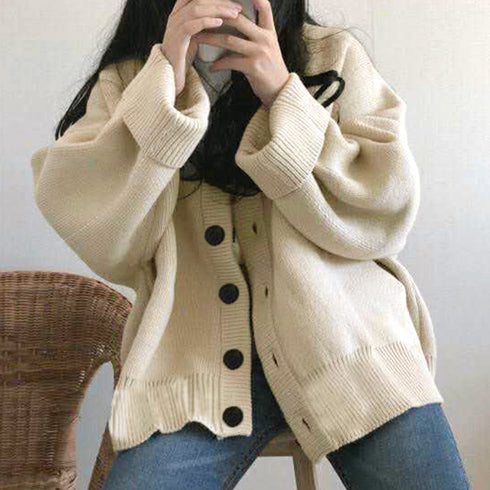 ニットカーディガン レディース アウター ゆったり 韓国風 トップス 羽織り vネックカーデ 体型カバー 長袖 中厚手 ドロップショルダー カーディガン 春秋冬 WANGYUE-002