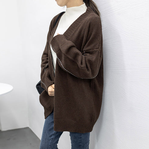 ニットカーディガン レディース アウター ゆったり 韓国風 トップス 羽織り vネックカーデ 体型カバー 長袖 中厚手 ドロップショルダー カーディガン 春秋冬 WANGYUE-002