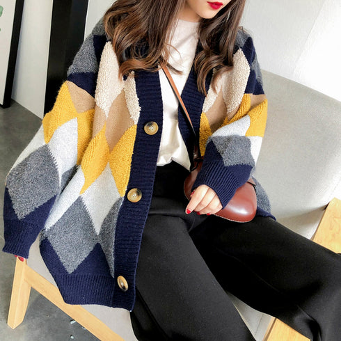 配色ニットカーディガン 韓国風レディース アーガイル柄 ニットアウター vネック 中厚手 長袖ニットソー 体型カバー羽織 お洒落カーデ カジュアル 女子ニット WANGYUE-017