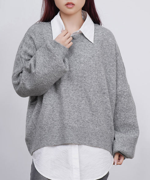 ゆったりコクーンニットミックスカラー秋冬 ふわふわもっちりニットトップス レディース 大人可愛い韓国風 クルーネックカジュアルきれいめセーターおしゃれ 体型カバー WANGYUE-042