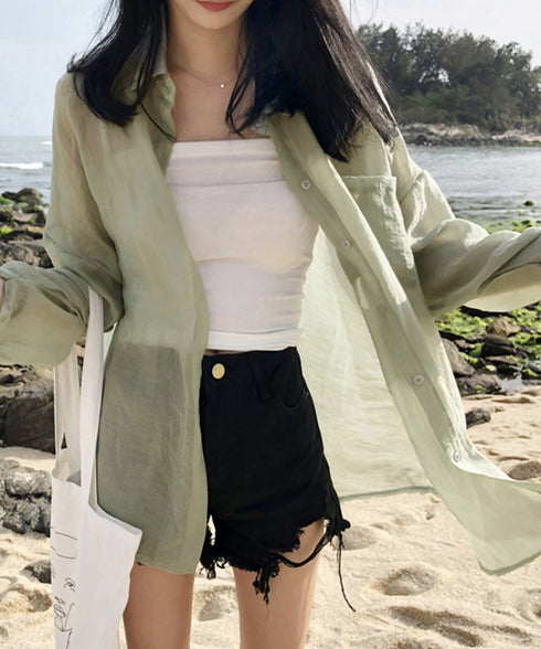 長袖シアーカーディガン 夏服シアーシャツ UV対策カーディガン シフォンブラウスレディース ロング丈トップス体型カバー 羽織り 日除けシャツブラウス透け感 韓国風 ZHUIMR-052