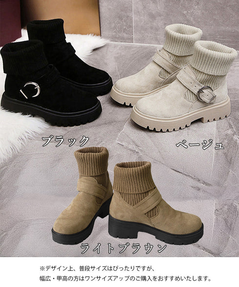 ソックス風ショートブーツ厚底 レディース 2wayニットブーツ バックルベルト 厚底ブーツ 歩きやすい ハイカット 大人可愛い防寒シューズ あったか冬靴 疲れない AIFEI-001