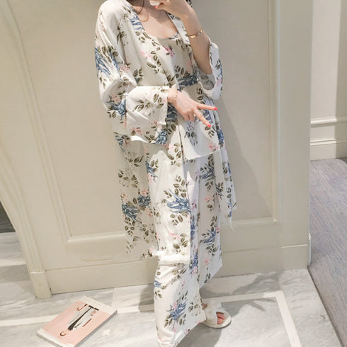花柄ルームウェア 3点セット レディース キャミソール ロングカーディガン パンツ セットアップ おしゃれ 韓国パジャマ ゆったりナイトウェア 長袖 部屋着春秋夏 AILANKE-001