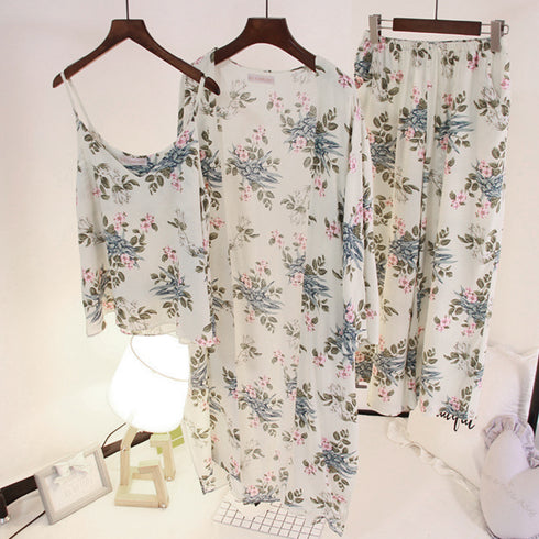 花柄ルームウェア 3点セット レディース キャミソール ロングカーディガン パンツ セットアップ おしゃれ 韓国パジャマ ゆったりナイトウェア 長袖 部屋着春秋夏 AILANKE-001
