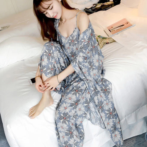 花柄ルームウェア 3点セット レディース キャミソール ロングカーディガン パンツ セットアップ おしゃれ 韓国パジャマ ゆったりナイトウェア 長袖 部屋着春秋夏 AILANKE-001