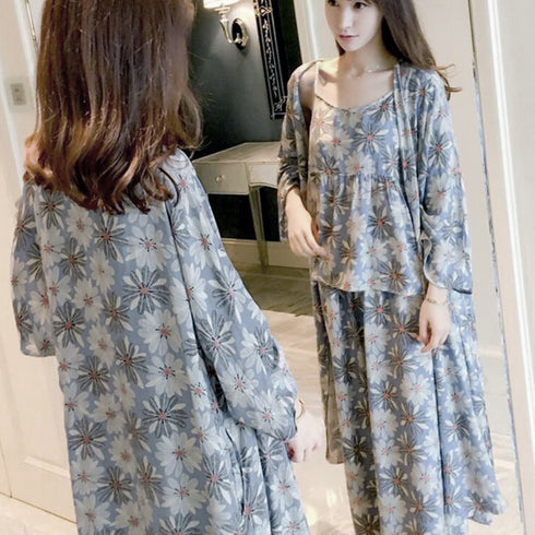 花柄ルームウェア 3点セット レディース キャミソール ロングカーディガン パンツ セットアップ おしゃれ 韓国パジャマ ゆったりナイトウェア 長袖 部屋着春秋夏 AILANKE-001