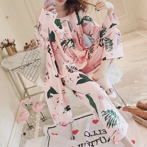 花柄ルームウェア 3点セット レディース キャミソール ロングカーディガン パンツ セットアップ おしゃれ 韓国パジャマ ゆったりナイトウェア 長袖 部屋着春秋夏 AILANKE-001