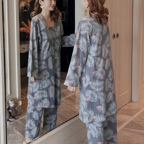 花柄ルームウェア 3点セット レディース キャミソール ロングカーディガン パンツ セットアップ おしゃれ 韓国パジャマ ゆったりナイトウェア 長袖 部屋着春秋夏 AILANKE-001