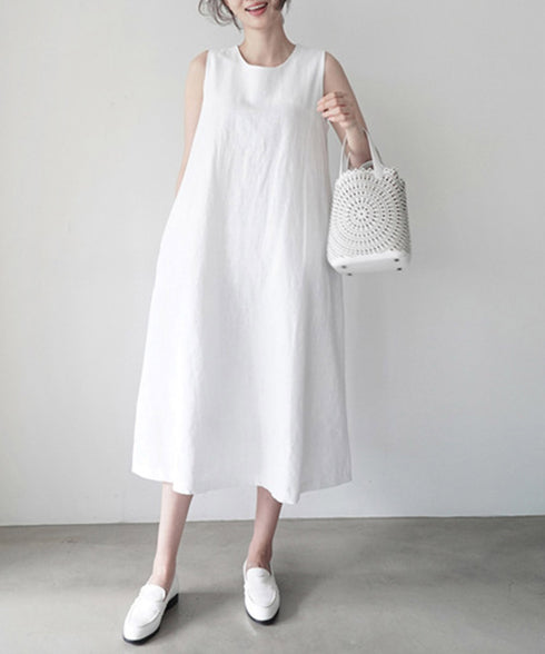 リネンワンピース ノースリーブ 韓国風夏 レディース ゆったり Aラインワンピース きれいめ 綿麻ワンピース ナチュラル タンクワンピース ロングワンピース着やせ AMYJ-6001