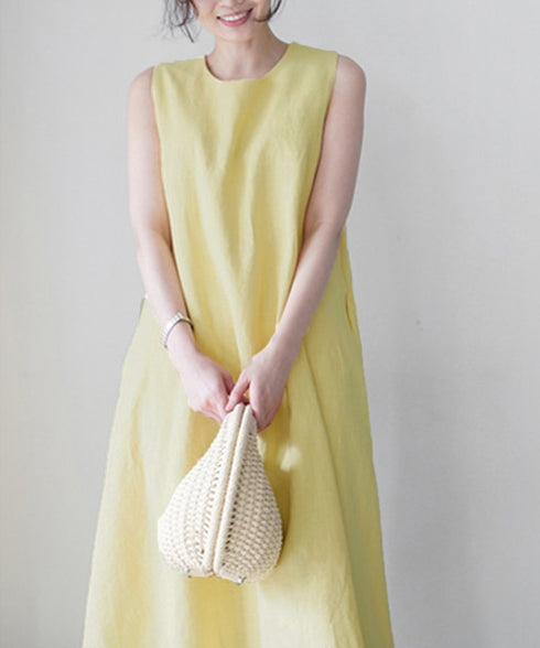 リネンワンピース ノースリーブ 韓国風夏 レディース ゆったり Aラインワンピース きれいめ 綿麻ワンピース ナチュラル タンクワンピース ロングワンピース着やせ AMYJ-6001