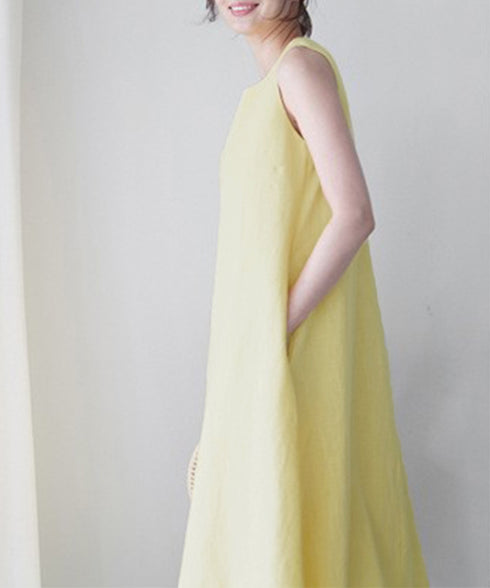 リネンワンピース ノースリーブ 韓国風夏 レディース ゆったり Aラインワンピース きれいめ 綿麻ワンピース ナチュラル タンクワンピース ロングワンピース着やせ AMYJ-6001