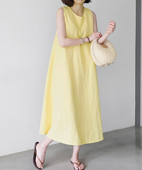 リネンワンピース ノースリーブ 韓国風夏 レディース ゆったり Aラインワンピース きれいめ 綿麻ワンピース ナチュラル タンクワンピース ロングワンピース着やせ AMYJ-6001