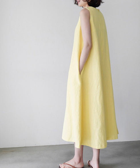 リネンワンピース ノースリーブ 韓国風夏 レディース ゆったり Aラインワンピース きれいめ 綿麻ワンピース ナチュラル タンクワンピース ロングワンピース着やせ AMYJ-6001