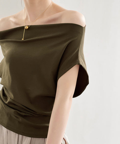 ワンショルダーカットソーギャザーTシャツ レディース オープンショルダー トップス ボードネック 薄手Tシャツ 肩出し プルオーバー オフィスカジュアル 夏服 白 AMYS-1068