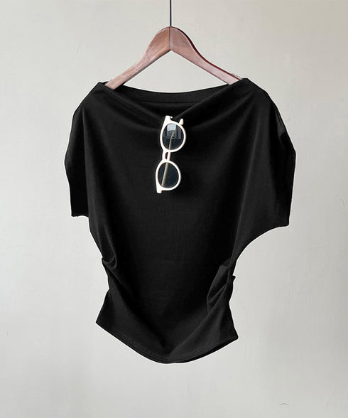 ワンショルダーカットソーギャザーTシャツ レディース オープンショルダー トップス ボードネック 薄手Tシャツ 肩出し プルオーバー オフィスカジュアル 夏服 白 AMYS-1068