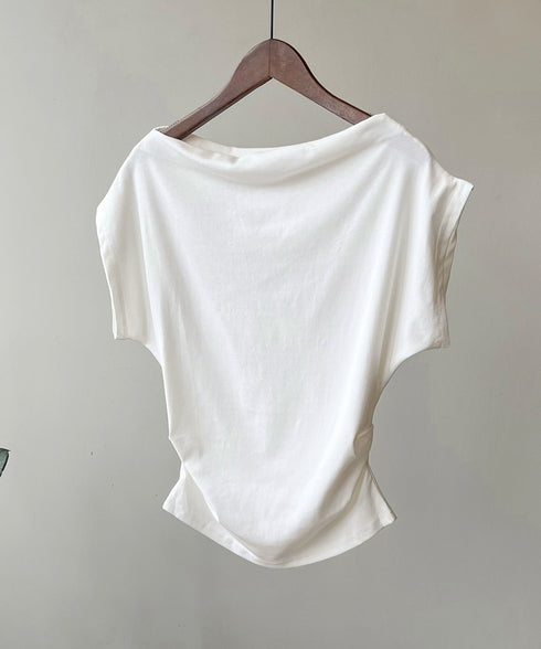 ワンショルダーカットソーギャザーTシャツ レディース オープンショルダー トップス ボードネック 薄手Tシャツ 肩出し プルオーバー オフィスカジュアル 夏服 白 AMYS-1068