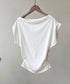 ワンショルダーカットソーギャザーTシャツ レディース オープンショルダー トップス ボードネック 薄手Tシャツ 肩出し プルオーバー オフィスカジュアル 夏服 白 AMYS-1068