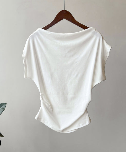 ワンショルダーカットソーギャザーTシャツ レディース オープンショルダー トップス ボードネック 薄手Tシャツ 肩出し プルオーバー オフィスカジュアル 夏服 白 AMYS-1068