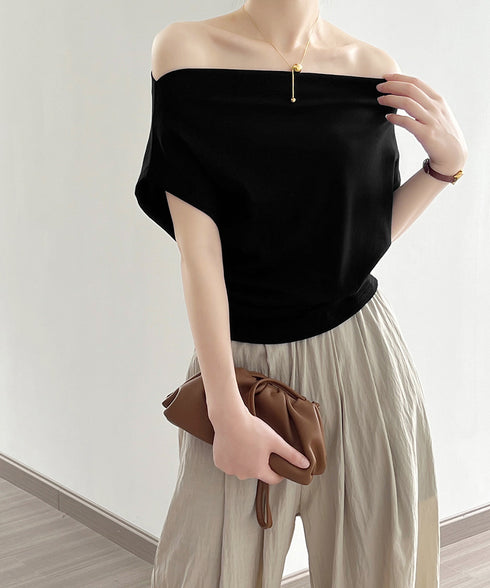 ワンショルダーカットソーギャザーTシャツ レディース オープンショルダー トップス ボードネック 薄手Tシャツ 肩出し プルオーバー オフィスカジュアル 夏服 白 AMYS-1068