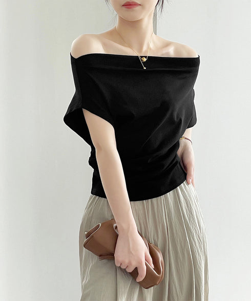 ワンショルダーカットソーギャザーTシャツ レディース オープンショルダー トップス ボードネック 薄手Tシャツ 肩出し プルオーバー オフィスカジュアル 夏服 白 AMYS-1068