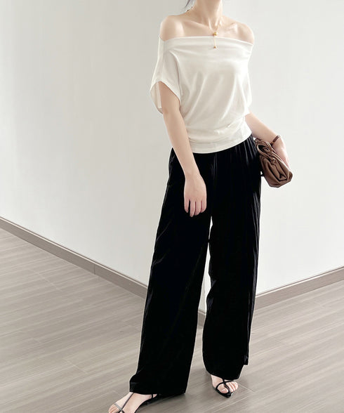 ワンショルダーカットソーギャザーTシャツ レディース オープンショルダー トップス ボードネック 薄手Tシャツ 肩出し プルオーバー オフィスカジュアル 夏服 白 AMYS-1068