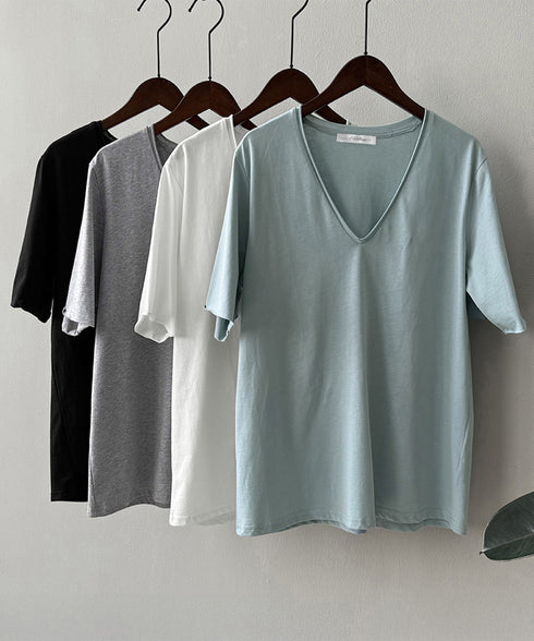 vネックtシャツ レディース 綿100% 抜け感 半袖カットソー ゆったり 着やせトップス春夏 涼しい 無地tシャツ シンプル 大人カジュアルトップス ベーシック AMYS-1070