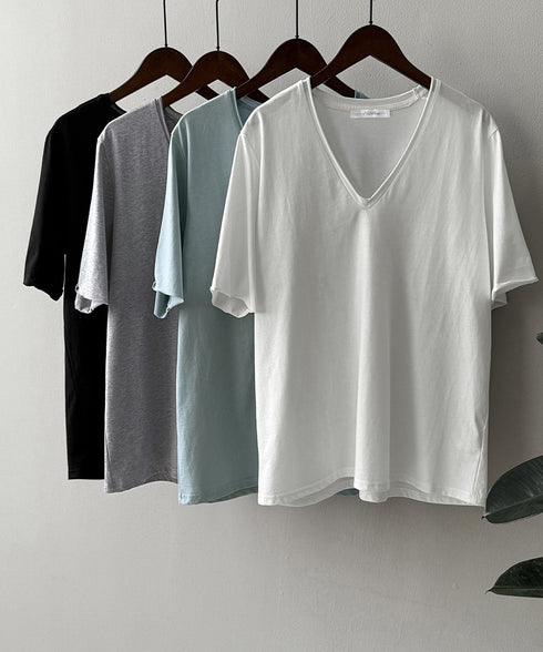 vネックtシャツ レディース 綿100% 抜け感 半袖カットソー ゆったり 着やせトップス春夏 涼しい 無地tシャツ シンプル 大人カジュアルトップス ベーシック AMYS-1070